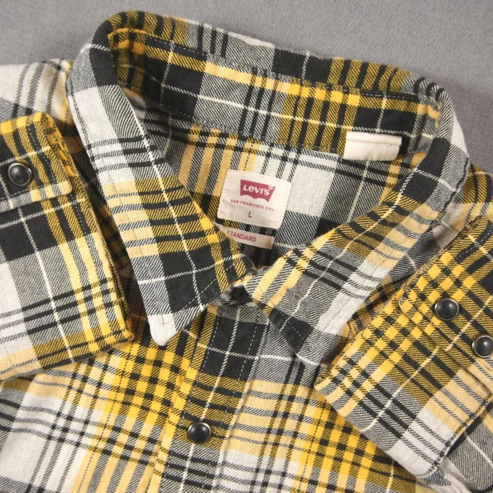 Levi's Plaid Snap Front Western Flannel Cowboy Men Shirt L Black Yellow Skate